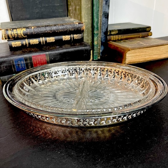 vintage 2 piece silver relish tray with glass dish